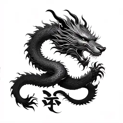 Chinese dragon wrapping female lion and Symbol for aquaris tattoo design idea