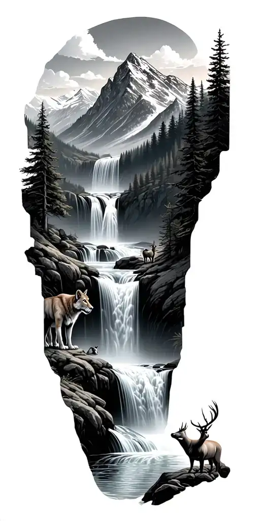 mountain waterfall into a river that continues into small cliffs with mountain lions, deer, wolves, bobcats tattoo design idea