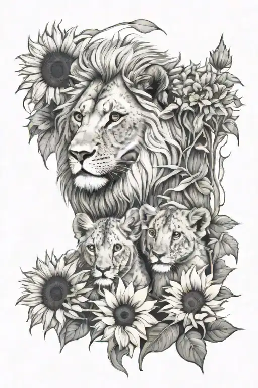 lion cub and lioness surrounded by colored sunflowers tattoo design idea