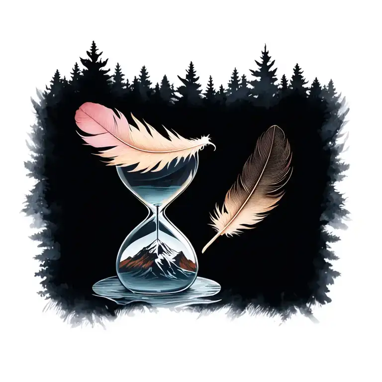 Mountain feather hourglass tattoo design idea