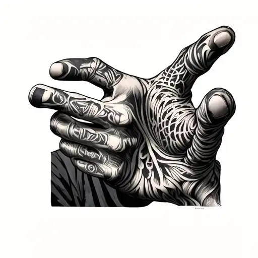 The hand is male, strong, all visible, on it, the tattoo, the tattoo looks like a pattern for the whole hand around, the semeteric, me tattoo design idea