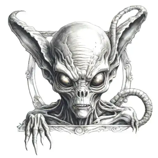 alien with the togue aoutside in a decorative frame tattoo design idea