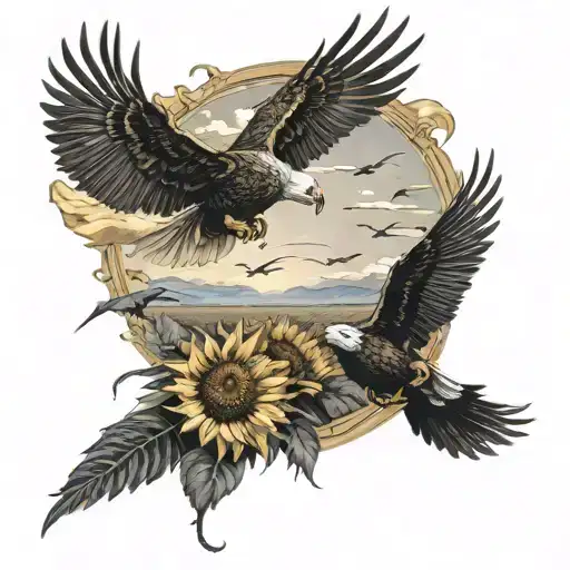 A surreal scene of a sunflower field with hidden fighter jets flying overhead and eagles soaring in the distance tattoo design idea