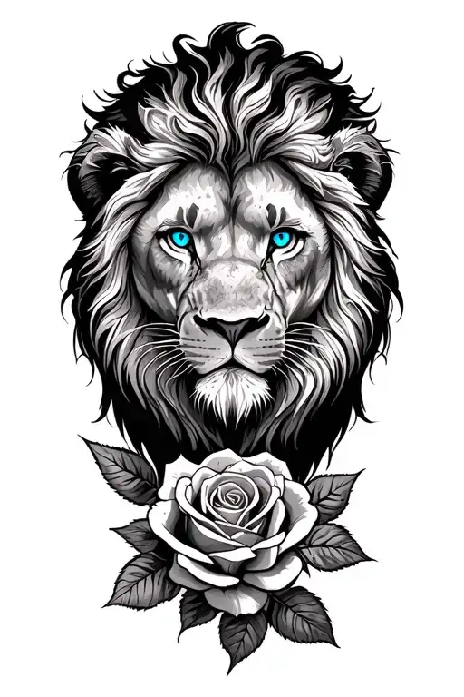 HANDSOME lion WITH BLUE EYES, rose,  tattoo design idea