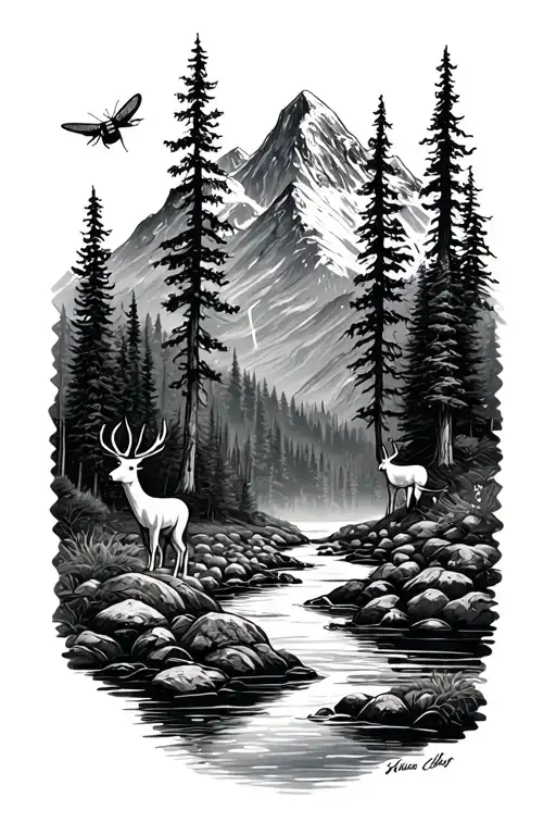 Mountain with river and firm with fly and small deer head in the forest tattoo design idea
