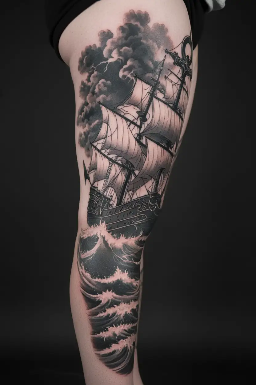 full sleeve navy anchor with ship sailing through storm and kraken tattoo design idea