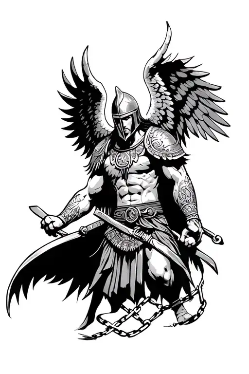 Trojan warrior with helmet on and has guardian angel wings. He is breaking from shackles holding his hands down.  tattoo design idea