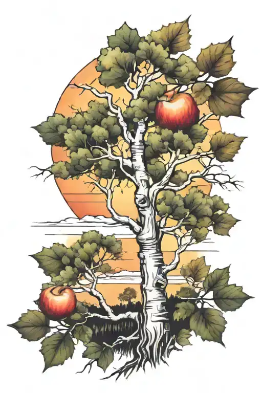  oak, pine, birch, and apple trees colors sunset background tattoo design idea