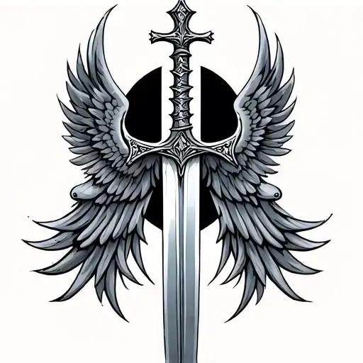 back tattoo sword, neck tattoo cross with wings tattoo design idea