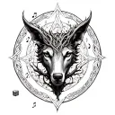 All meshed together in a celtic design, an oak tree, a lupine head, a dice, musical notes, an ancient grimoire, an ancie tattoo design idea