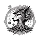 All meshed together in a celtic design, an oak tree, a lupine head, a dice, musical notes, an ancient grimoire, an ancie tattoo design idea