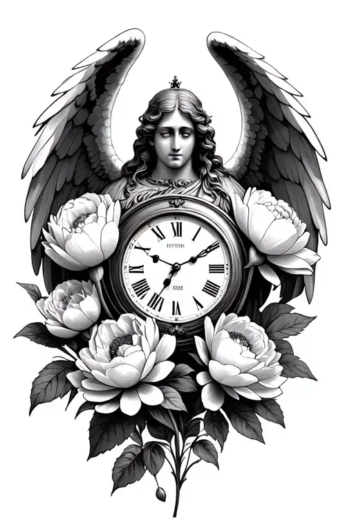  angel Gabriel, a clock, and peonies in full bloom tattoo design idea