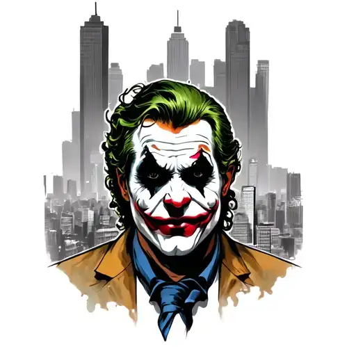 joker face with the city behind it ha ha ha around the tattoo and could above the city  tattoo design idea