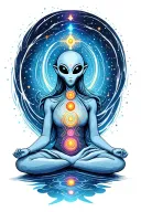 an alien with chakras meditating on a swirling cluster of stars tattoo design idea