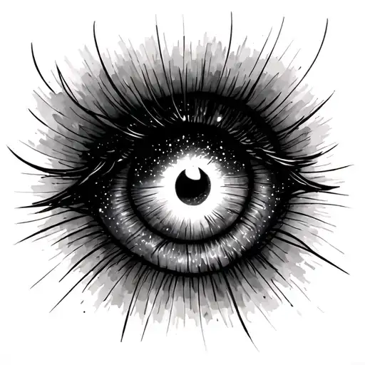 galaxy eye, fine line, minimalist, black and white tattoo design idea
