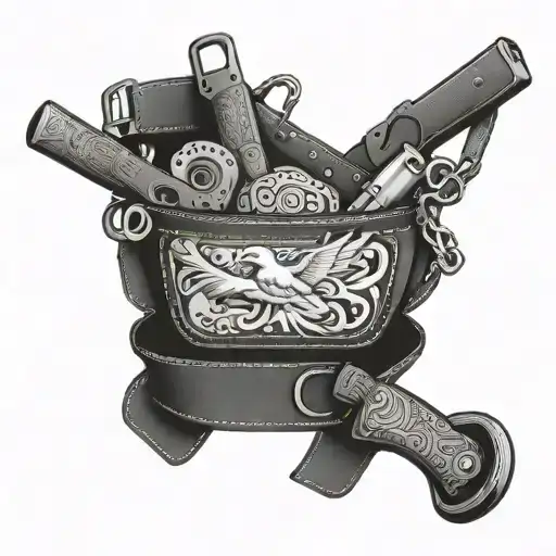 A stylized leather tool belt with intricate patterns and textures, incorporating elements of duck hunting gear like a shotgun and decoys tattoo design idea