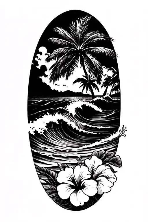 ocean waves beach with hibiscus flowers bottom right and palm tree upper left tattoo design idea