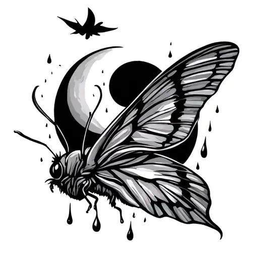 sleep token, moth flying, moon, rain falling tattoo design idea