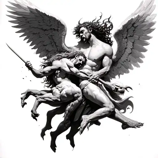 tattoo design depicts a cinematic, full-scale battle between angels and demons, symbolizing the internal struggle betwee tattoo design idea