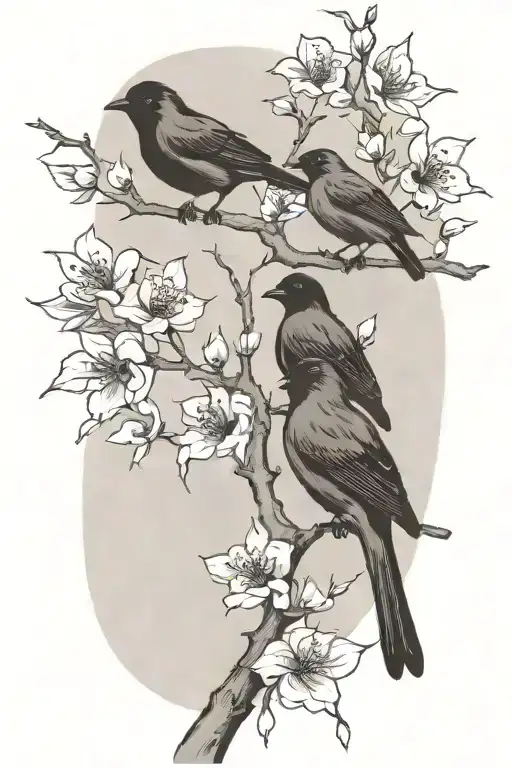 sideways skinny spooky scary cherry branch with minimal blossoms black and grey four solid black birds sitting on branch tattoo design idea