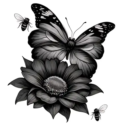 3 flowers, butterfly, bees, fine line, black and gray, tattoo design idea