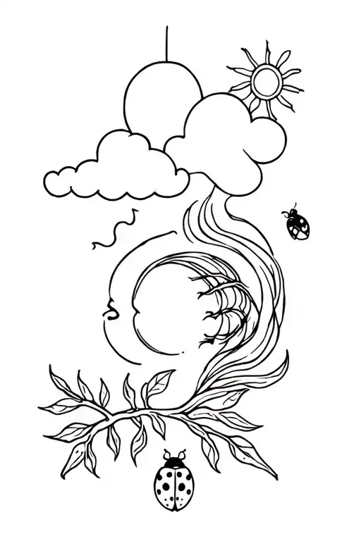 cloud and sun morphing into an olive branch with a lady bug on it and the face of a horned sullie monster tattoo design idea