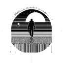 Blackwork chest piece, walking figure on horizon line, travel arcs, small plane, barcode elements. tattoo design idea
