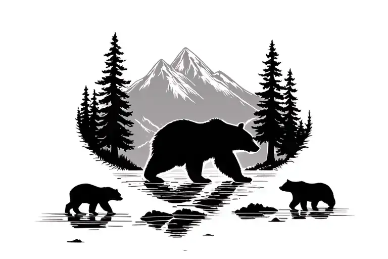 feminine floral mama bear silhouette with this scene insude two cubs walking among river and trees and mountains tattoo design idea