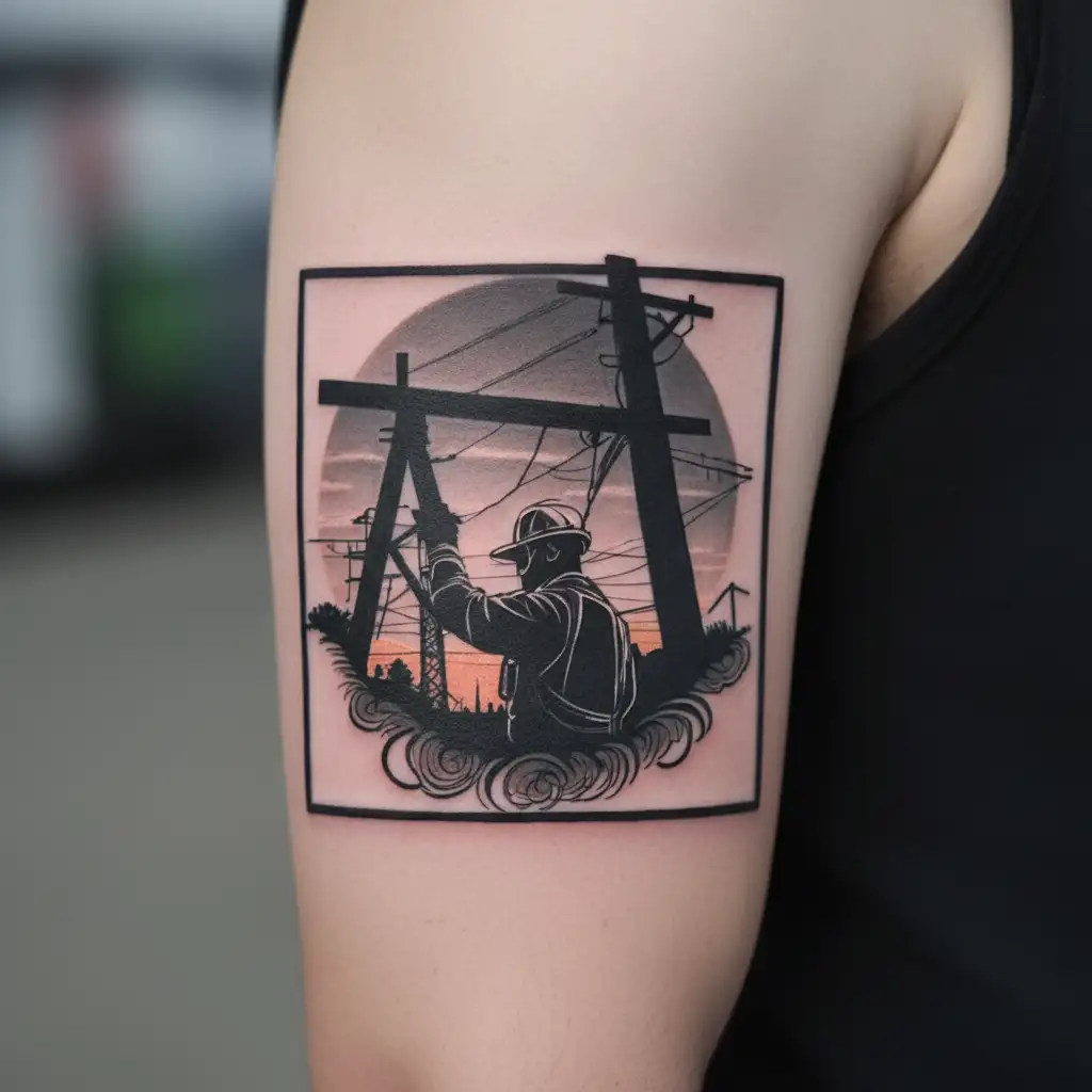 An electrical lineman working on power lines against a backdrop of a sunset over a rural landscape tattoo design idea