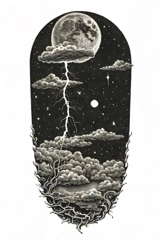 An intricate tattoo of a thunderstorm brewing in space, with lightning striking among the stars moon tattoo design idea