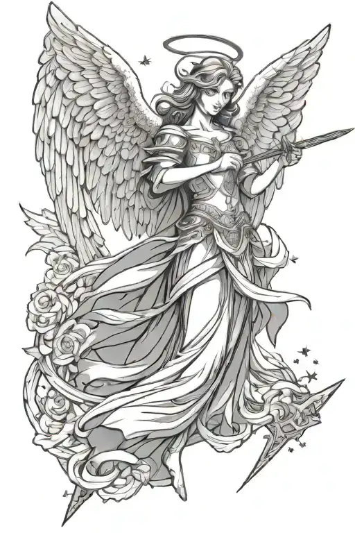 biblically accurate angel with the six wings and lots of eyes surrounded by stars and a sword pointing downwards  tattoo design idea