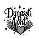 "Dynasti & April" name in shape of heart with wings and 5 point stars clouds tattoo design idea