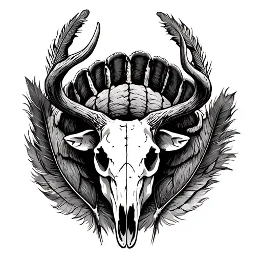 whitetail buck skull surrounded by turkey feathers tattoo design idea