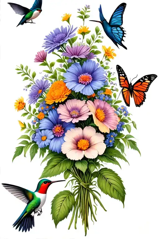 bouquet of morning glories, asters, marigolds, cosmos with 2 hummingbirds and 1-2 butterfly tattoo design idea