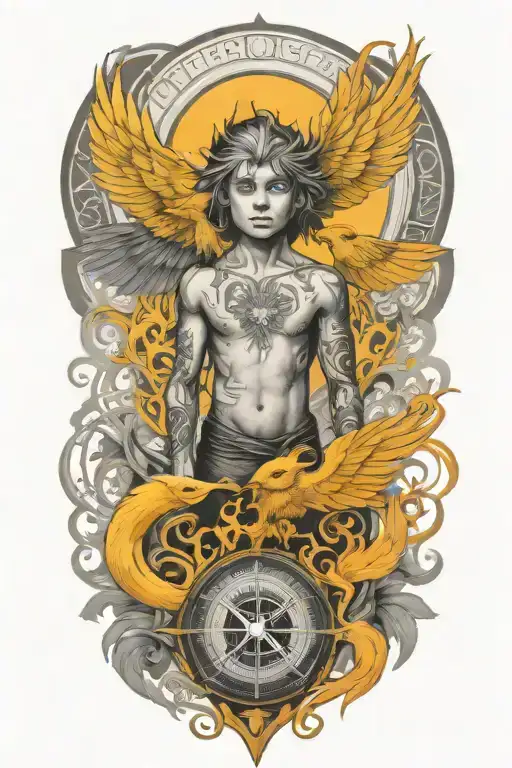 a representation of child being protected through his journey in life using trees, compass, phoenix and time tattoo design idea