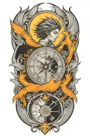 a representation of child being protected through his journey in life using trees, compass, phoenix and time tattoo design idea