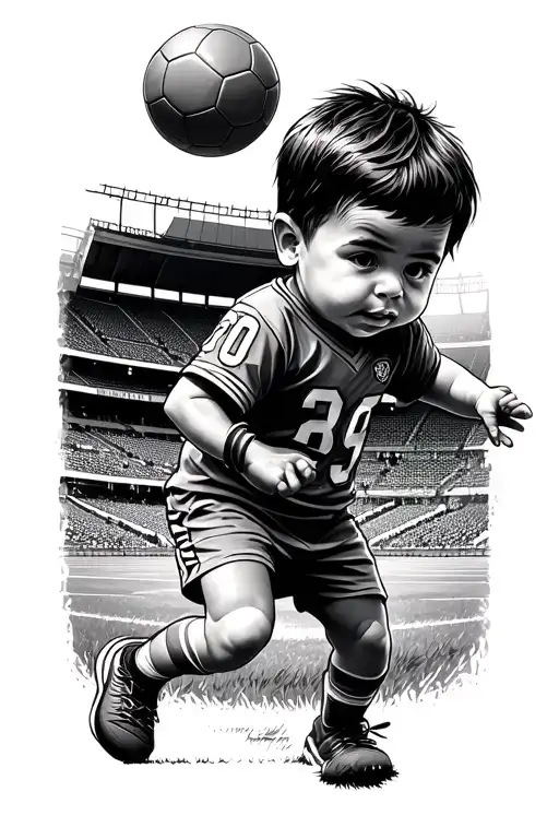 fotball child playing in a football stadium dad tattoo design idea