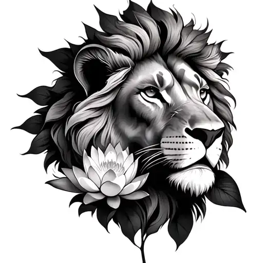 lion face and lotus flower tattoo design idea