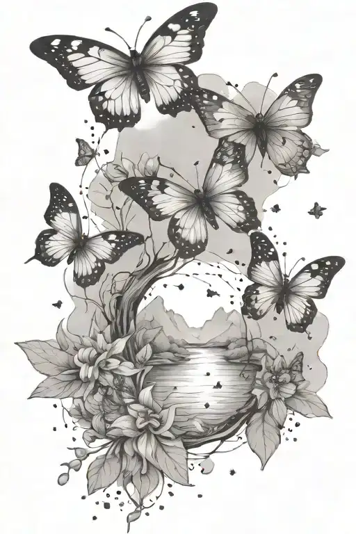 a minimalist greyscale tattoo design featuring a serene river, delicate small butterflies and a constellation tattoo design idea