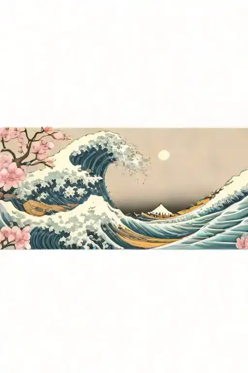 Cherry blossoms wrapping around The Great Wave off Kanagawa against the night sky tattoo design idea