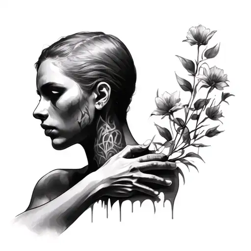 arms on neck emerging tattoo design idea