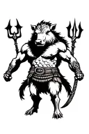 antropomorphic gladiator boar wearing pict attributes (trident and net) tattoo design idea