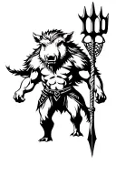 antropomorphic gladiator boar wearing pict attributes (trident and net) tattoo design idea