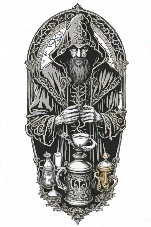 Hodded alchemist performing ritual, tarot cards, cups, beakers, candles tattoo design idea