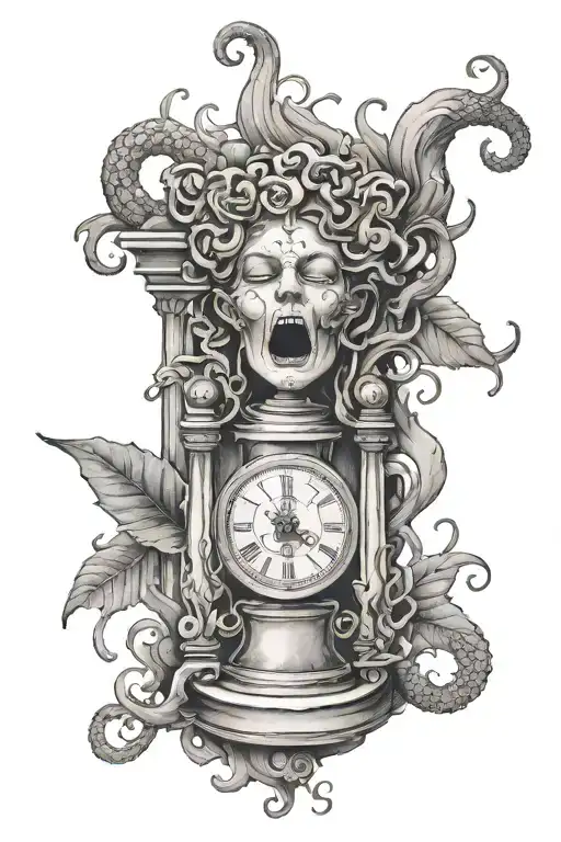 Amor Fati written underneath a half hourglass half crying medusa face tattoo design idea