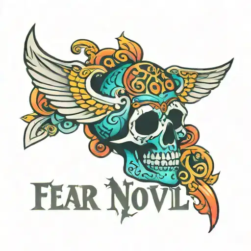 "Fear No Evil" ambigram, formed as a mexican colorful skull tattoo design idea