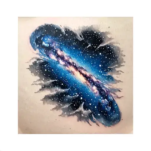milky way galaxy sketch in black, white, blue color tattoo design idea