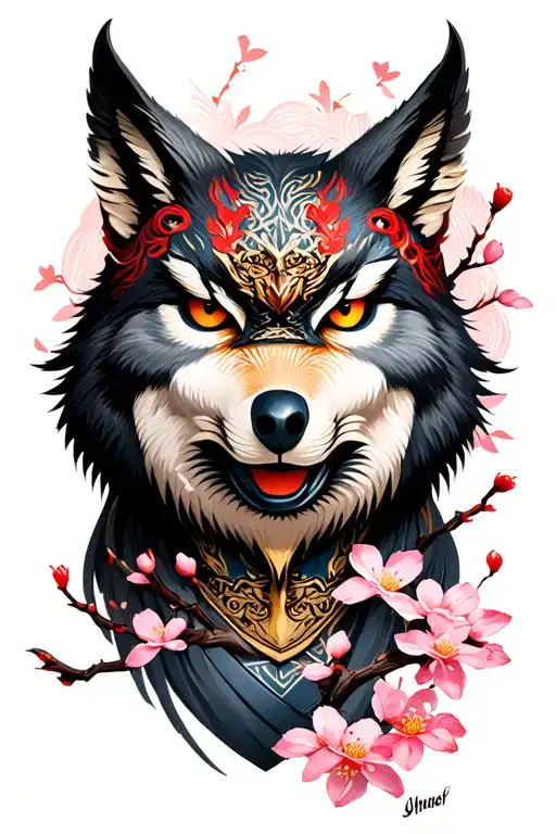 wolf, samurai, oni mask, mask kitsune, owl, cherry blossom tattoo design idea