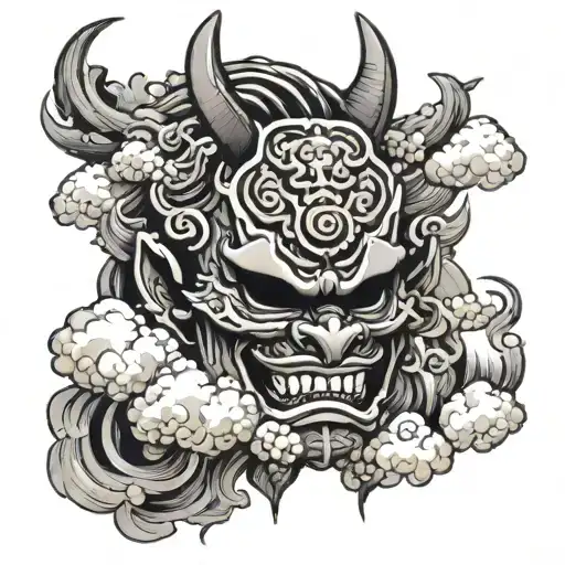 Oni mask surrounded with japanese clouds  tattoo design idea
