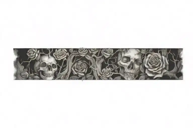 A ruined old wall, roses, tree roots, souls tattoo design idea
